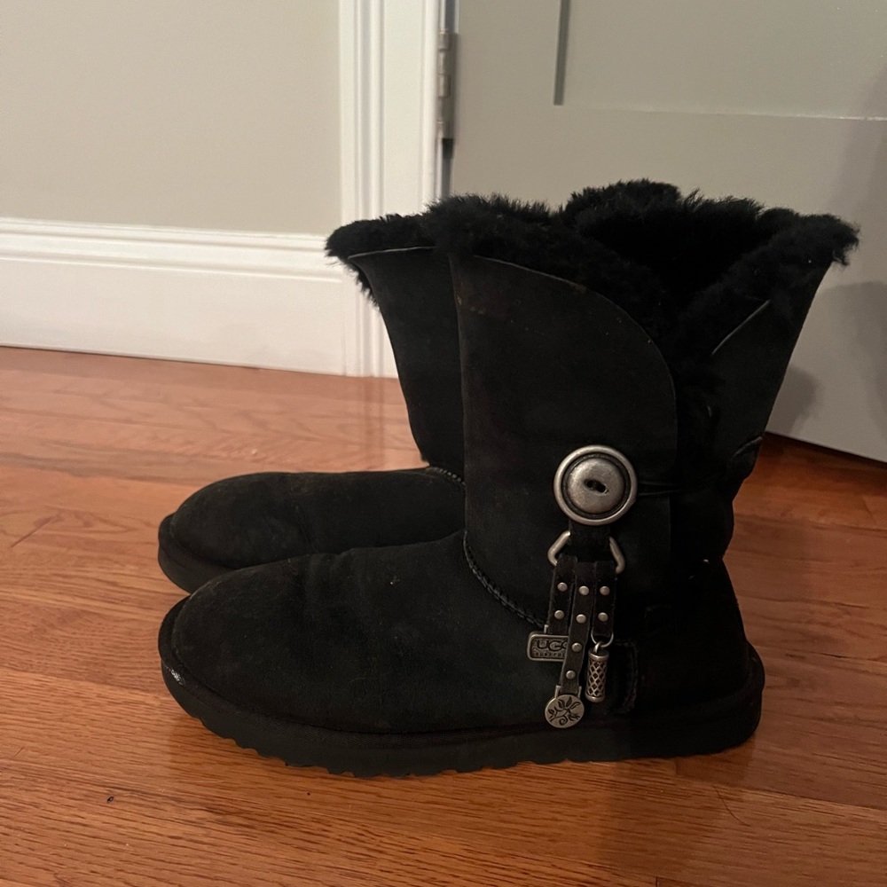 UGG Black Shearling Boots with Button Detail